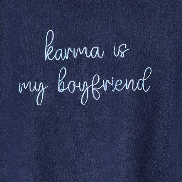 Nola Verse Karma Is My Boyfriend Women's Pullover Sweater Navy Blue Size Medium - Picture 2 of 5